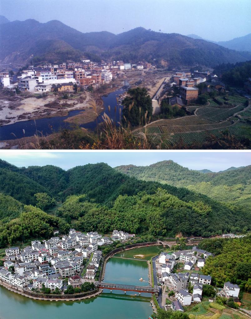 圖為浙江省杭州市淳安縣楓樹嶺鎮(zhèn)下姜村拼版圖，其中上圖為資料照片、下圖由新華社記者張鋮攝。